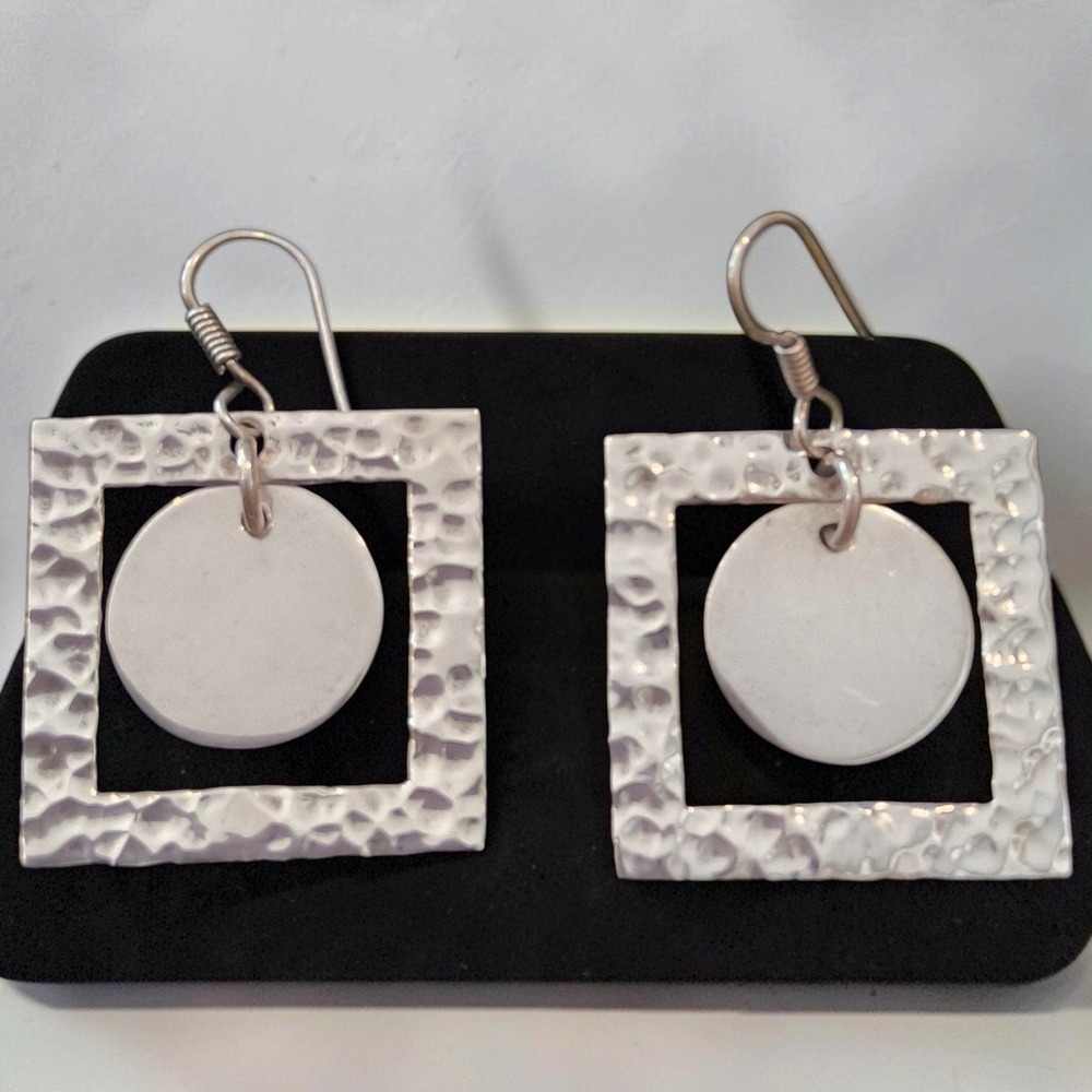 Vintage 925 Sterling Silver Modernist Hammered Geometric Dangle Earrings Boho